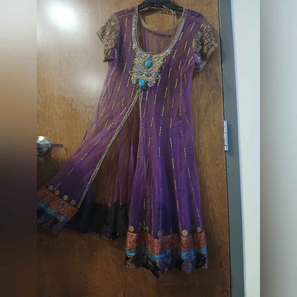 INDIAN purple sheer short sleeve embellished midi dress w/ front slit